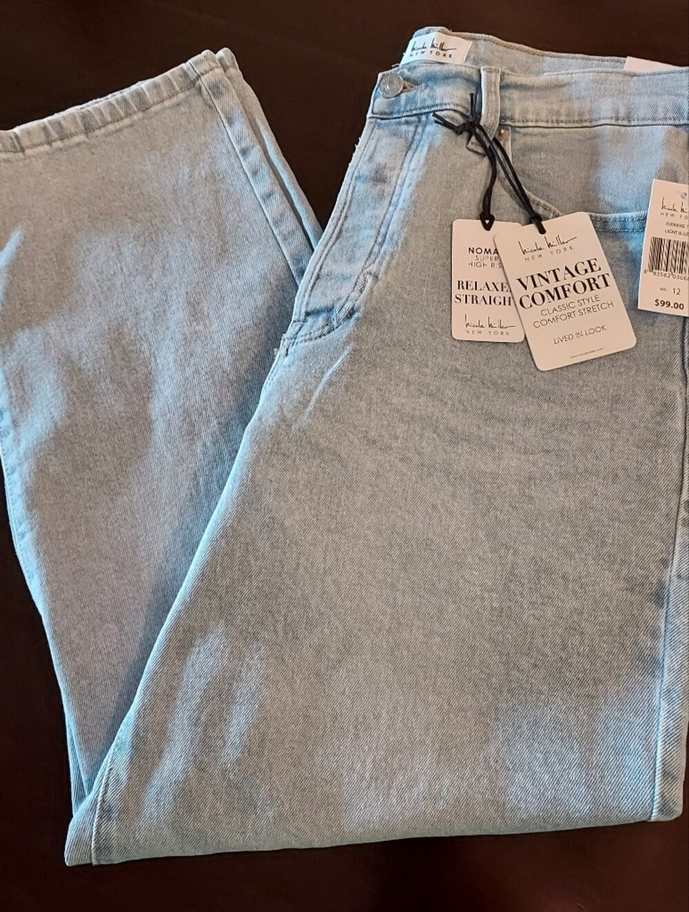 Nicole Miller Light Wash Straight Leg Jeans: Nomad High Rise Stretch. Sz 12. NWT